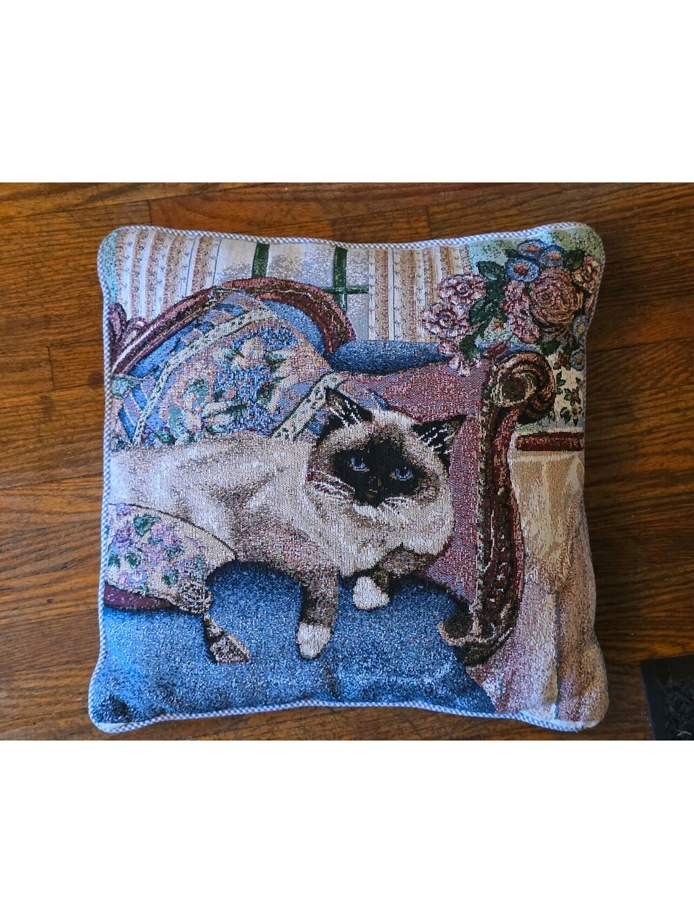 Vintage Siamese Cat Tapestry Throw Pillow 17x17 Blue Gingham Reverse